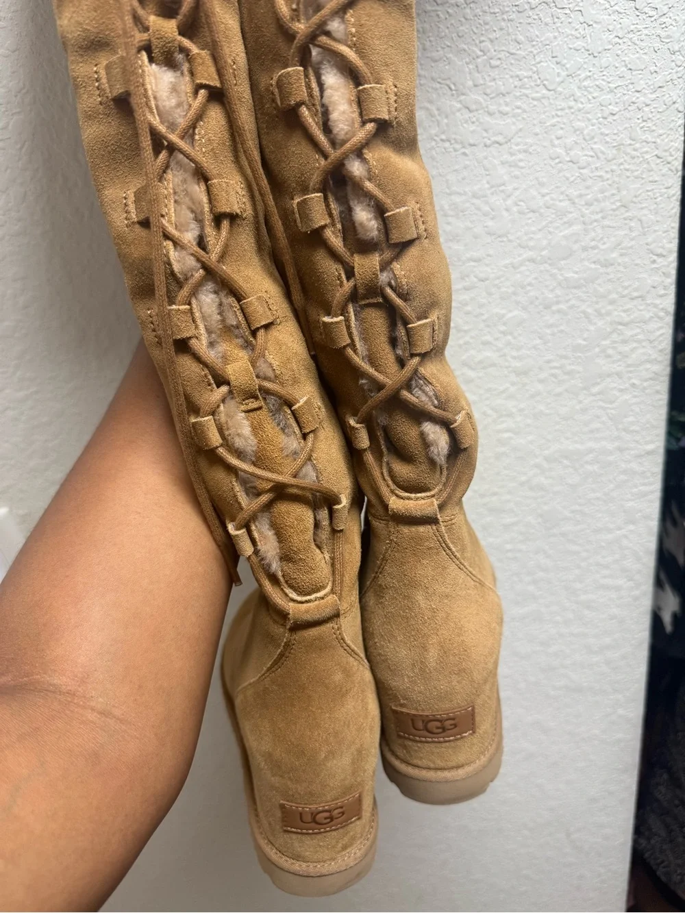 UGG Over-the-Knee Suede Lace-Up Boots in Chestnut Tan